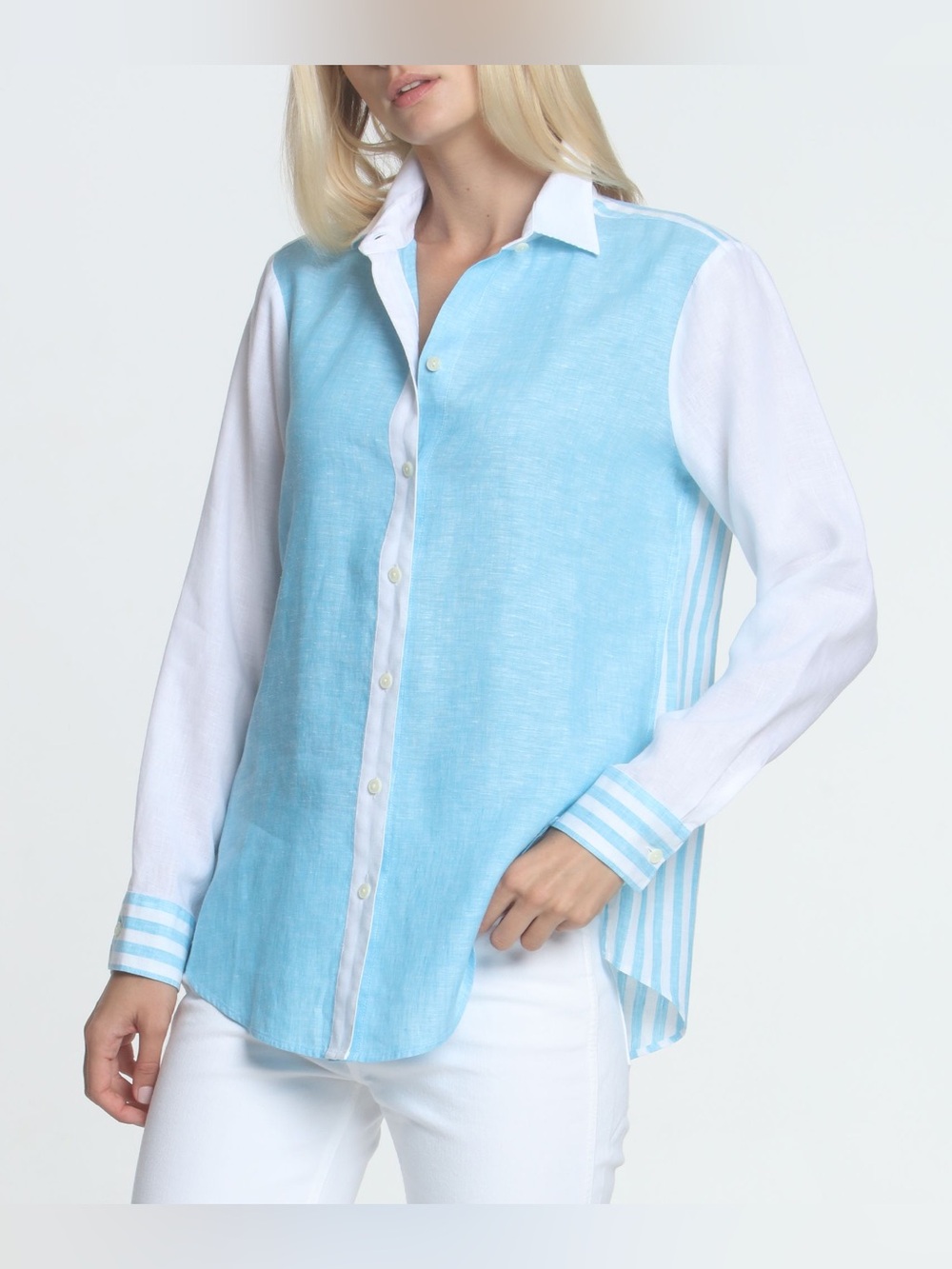 NWT Hinson Wu “Chelsea” Two-Tone Button Down Shirt in Aqua/White Sz XS